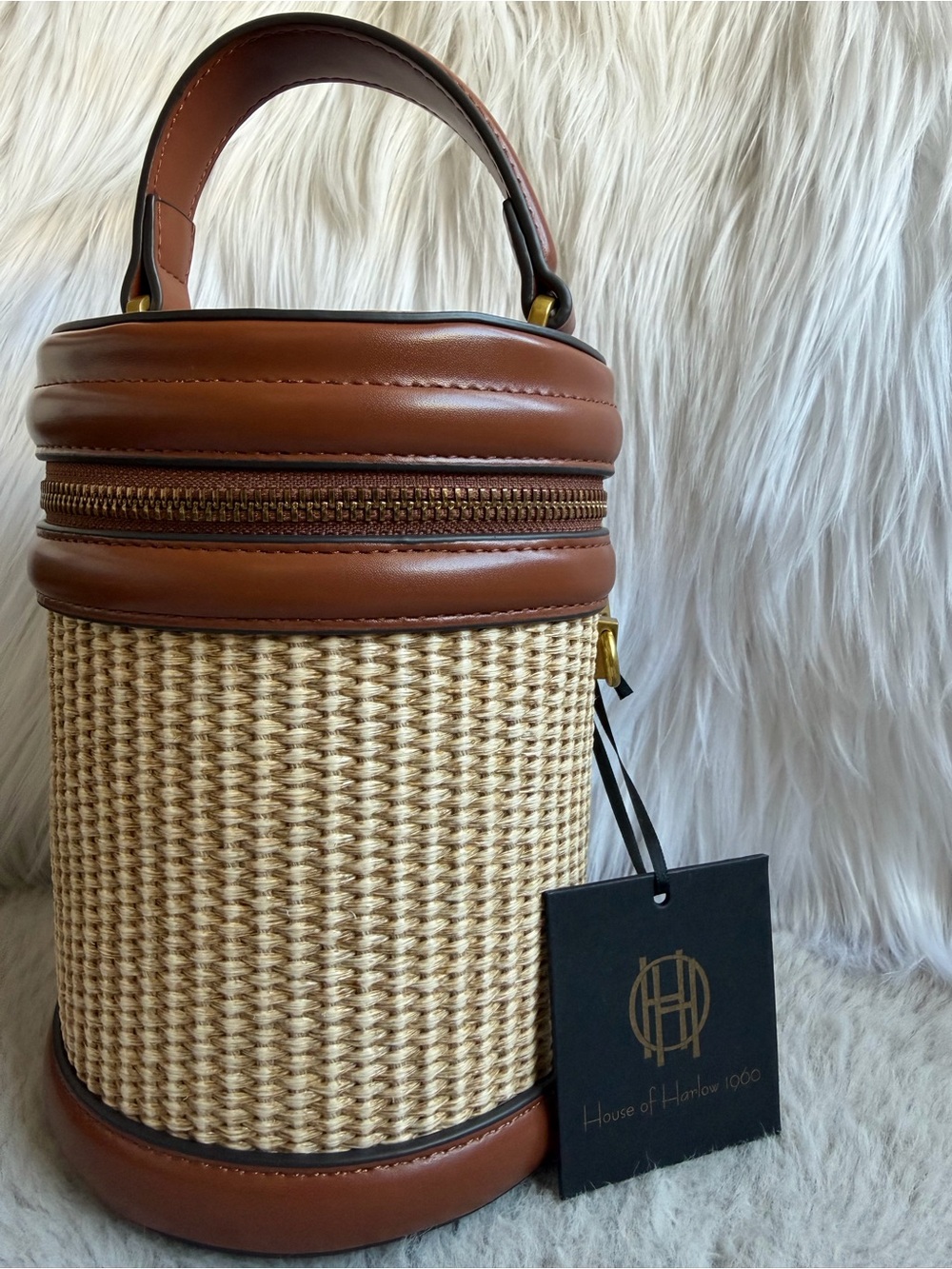 House of Harlow 1960 Woven Cylinder Straw Top-Handle Bucket Bag Brown & Natural